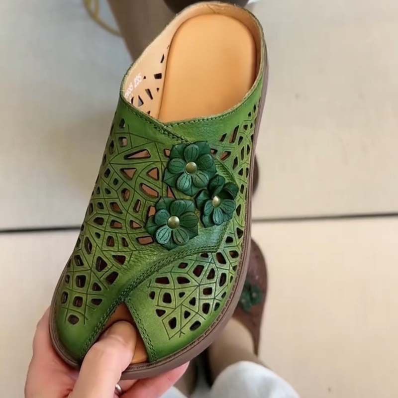 Dép Da Thật Chính Hãng Đế Dày Nữ 2025 Phong Cách Mới Thoáng Khí Mùa Hè Miệng Cá Handmade Hoa Retro Phong Cách Dân Tộc Rỗng Dép