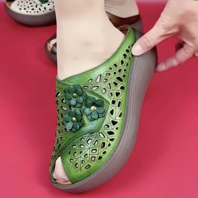 Dép Da Thật Chính Hãng Đế Dày Nữ 2025 Phong Cách Mới Thoáng Khí Mùa Hè Miệng Cá Handmade Hoa Retro Phong Cách Dân Tộc Rỗng Dép