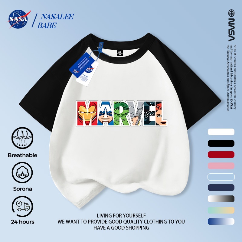 Áo thun raglan cotton NASA Marvel, thoáng khí, thời trang nam nữ trẻ em, giao 24h.