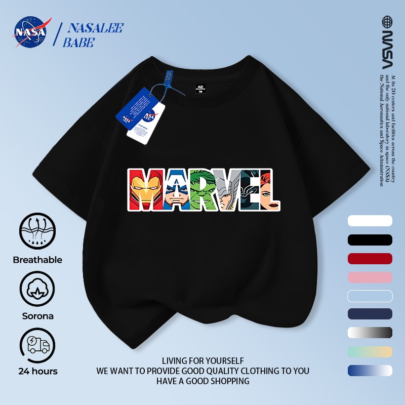 Áo thun raglan cotton NASA Marvel, thoáng khí, thời trang nam nữ trẻ em, giao 24h.