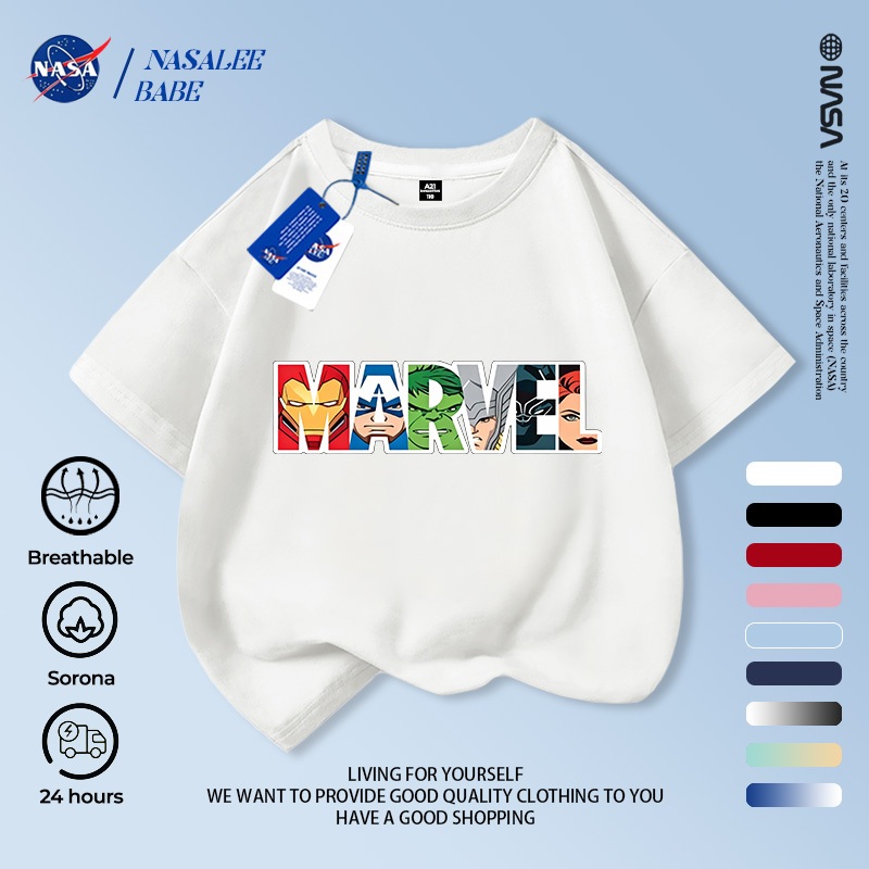 Áo thun raglan cotton NASA Marvel, thoáng khí, thời trang nam nữ trẻ em, giao 24h.