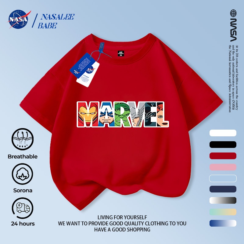 Áo thun raglan cotton NASA Marvel, thoáng khí, thời trang nam nữ trẻ em, giao 24h.