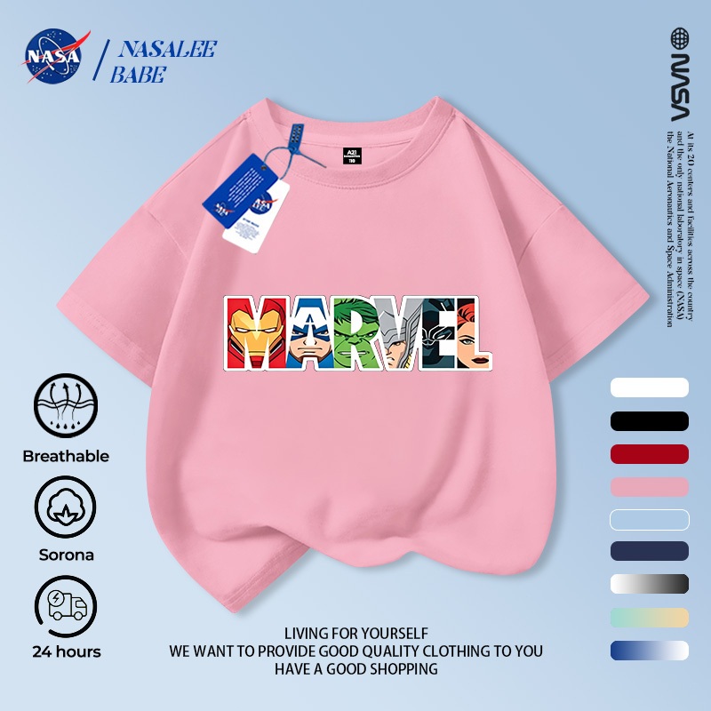 Áo thun raglan cotton NASA Marvel, thoáng khí, thời trang nam nữ trẻ em, giao 24h.