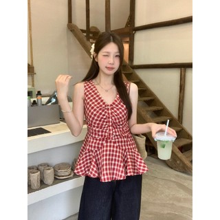 【BANKO】Áovest không tay kẻ sọc màu đỏ, phong cách mới cho mùa hè