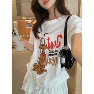 Áo thun nữ cổ tròn tay ngắn cotton in hình hoạt hình mới 2026
