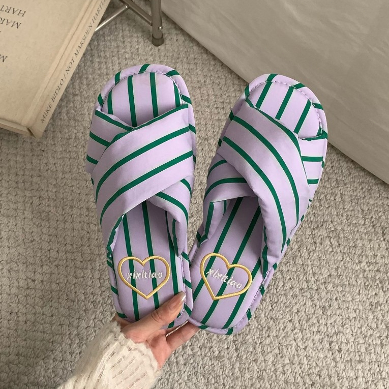 XIXITIAO Dép Cotton Cross Stripes Nữ Nhẹ Bốn Mùa Đa Năng Phòng Ngủ Gia Đình