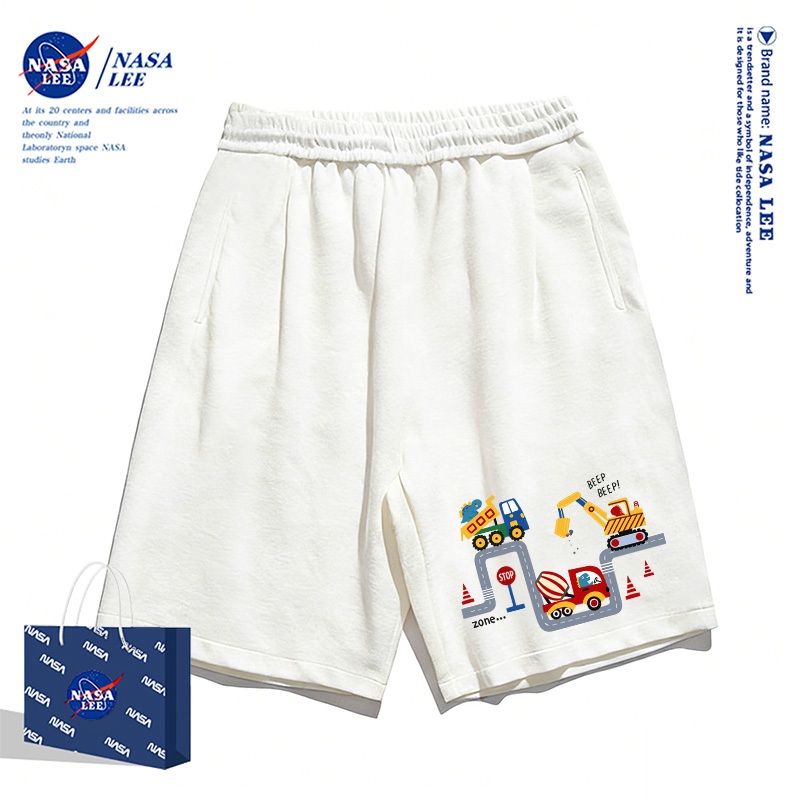 Quần short thông thường màu trắng dành cho trẻ em NASA Mùa hè 2026 Mẫu máy đào phù hợp cho bé trai bé gái Quần áo trẻ em Thoải mái thoáng khí đáy