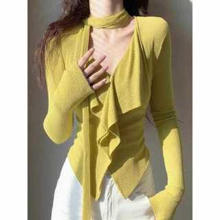 Áo thun nữ cổ chữ V ruy băng dài tay, dệt kim thiết kế slim-fit phù hợp mùa xuân thu