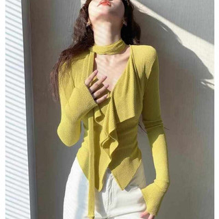 Áo thun nữ cổ chữ V ruy băng dài tay, dệt kim thiết kế slim-fit phù hợp mùa xuân thu