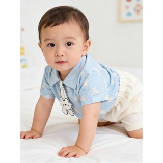 Baby Bunny 2 Bộ Trang Phục Áo Sơ Mi Xanh & Quần Short Trắng Cotton Bé Trai Bé Gái Quần Áo Tập Đi Size 73-110