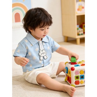 Baby Bunny 2 Bộ Trang Phục Áo Sơ Mi Xanh & Quần Short Trắng Cotton Bé Trai Bé Gái Quần Áo Tập Đi Size 73-110