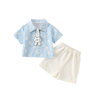 Baby Bunny 2 Bộ Trang Phục Áo Sơ Mi Xanh & Quần Short Trắng Cotton Bé Trai Bé Gái Quần Áo Tập Đi Size 73-110