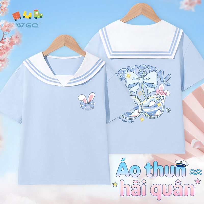 W.G.Q Áo thun bé gái，Thiết kế cổ áo hải quân，phong cách học đường thời trang dễ phối，dáng rộng vừa vặn thoáng khí Thoải mái，hàng bán chạy mùa hè