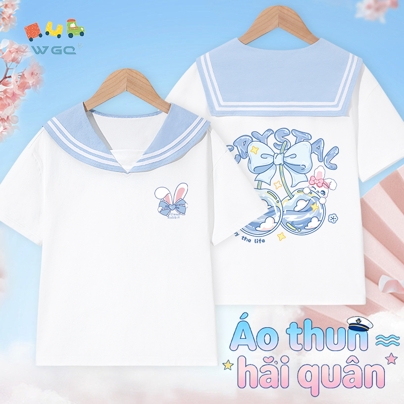 W.G.Q Áo thun bé gái，Thiết kế cổ áo hải quân，phong cách học đường thời trang dễ phối，dáng rộng vừa vặn thoáng khí Thoải mái，hàng bán chạy mùa hè