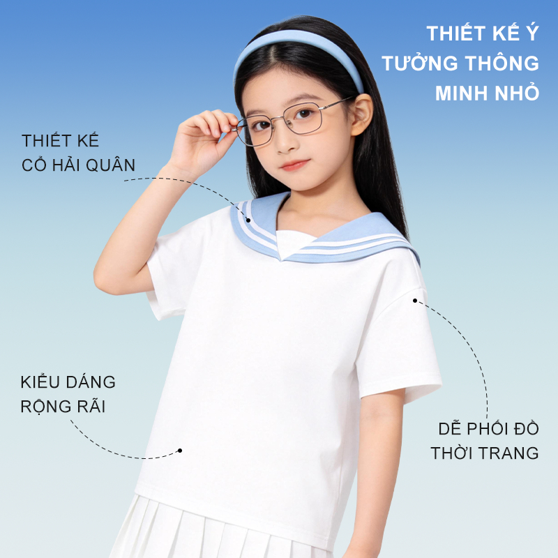 W.G.Q Áo thun bé gái，Thiết kế dây buộc hải quân có in，Phong cách Preppy Thời trang phù hợp，dáng rộng vừa vặn thoáng khí Thoải mái，Phong cách bán chạy mùa hè