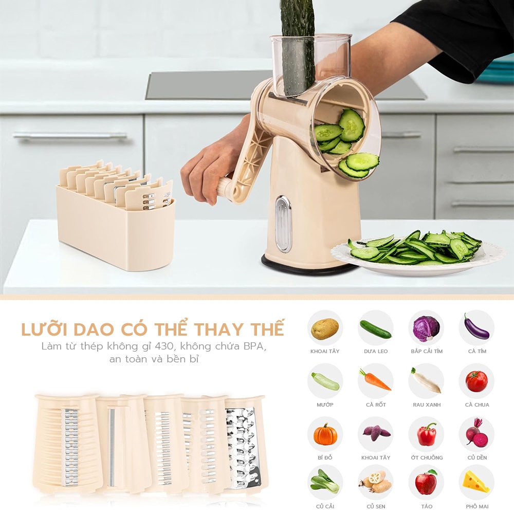 Máy Cắt Thái Rau Củ Đa Năng 5 Lưỡi Chống Trượt Dụng Cụ Nhà Bếp Tiện Lợi, Nhựa PP An Toàn, Dễ Vệ Sinh
