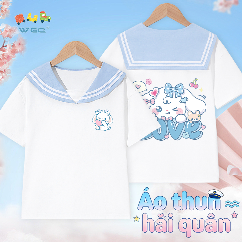 W.G.Q Áo thun bé gái，Thiết kế dây buộc hải quân có in，Phong cách Preppy Thời trang phù hợp，dáng rộng vừa vặn thoáng khí Thoải mái，Phong cách bán chạy mùa hè