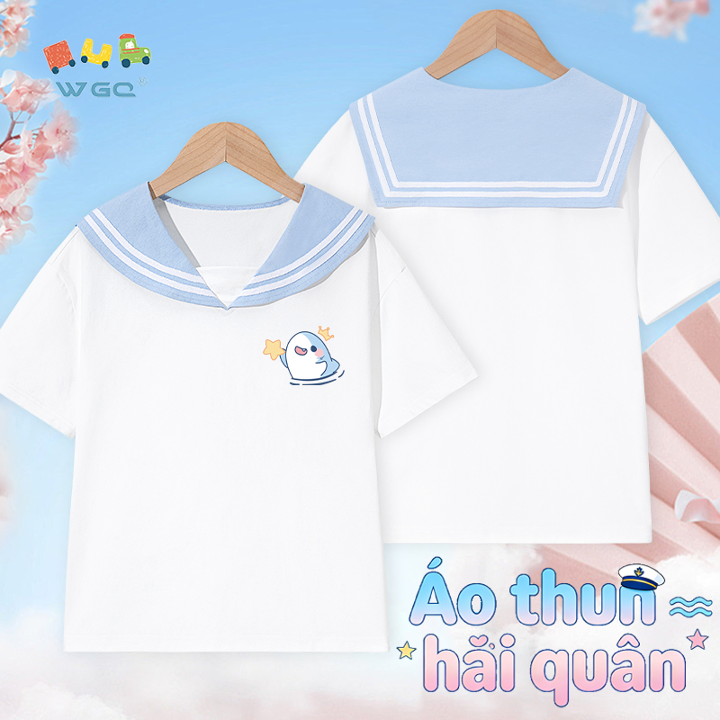 W.G.Q Áo thun bé gái，Thiết kế dây buộc hải quân có in，Phong cách Preppy Thời trang phù hợp，dáng rộng vừa vặn thoáng khí Thoải mái，Phong cách bán chạy mùa hè