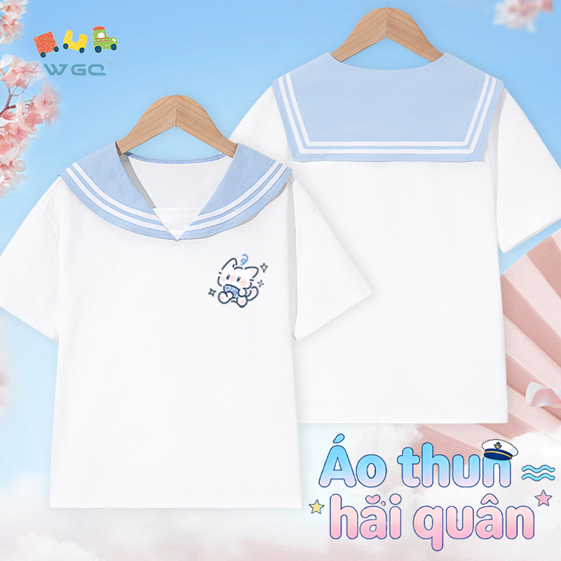 W.G.Q Áo thun bé gái，Thiết kế dây buộc hải quân có in hình mèo con，Thoáng khí Thoải mái，Phong cách bán chạy mùa hè