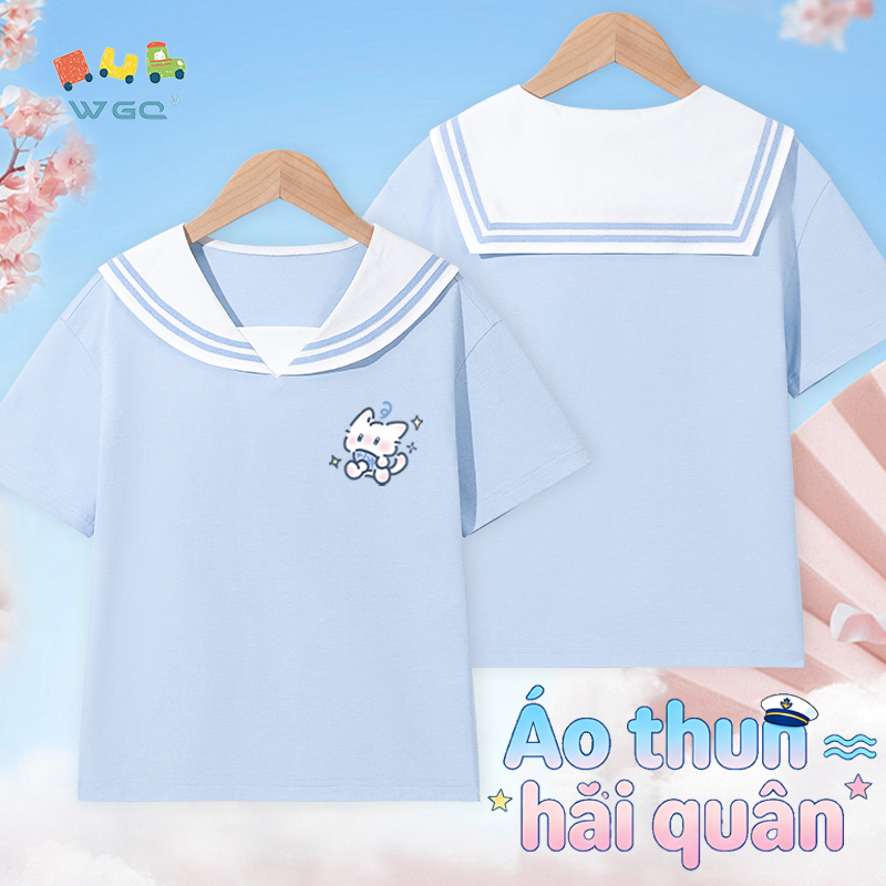 W.G.Q Áo thun bé gái，Thiết kế dây buộc hải quân có in hình mèo con，Thoáng khí Thoải mái，Phong cách bán chạy mùa hè