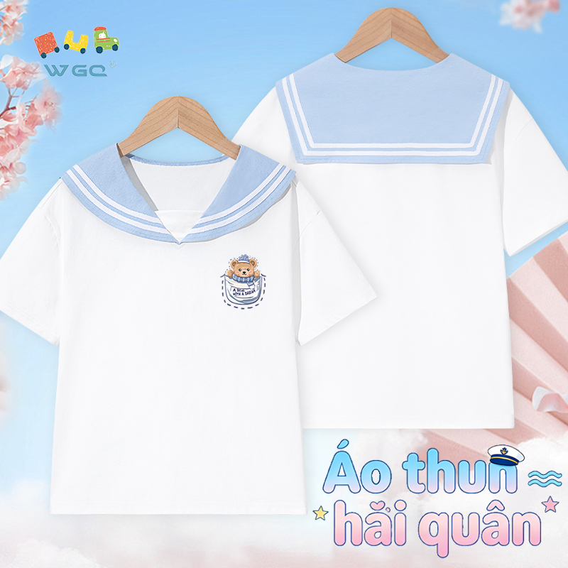 W.G.Q Áo thun bé gái，thiết kế dây buộc hải quân in hình gấu，phiên bản rộng thoáng khí thoải mái，phong cách bán chạy mùa hè