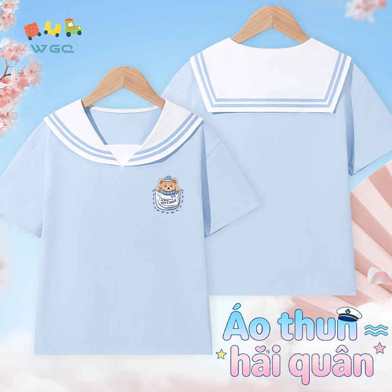 W.G.Q Áo thun bé gái，thiết kế dây buộc hải quân in hình gấu，phiên bản rộng thoáng khí thoải mái，phong cách bán chạy mùa hè