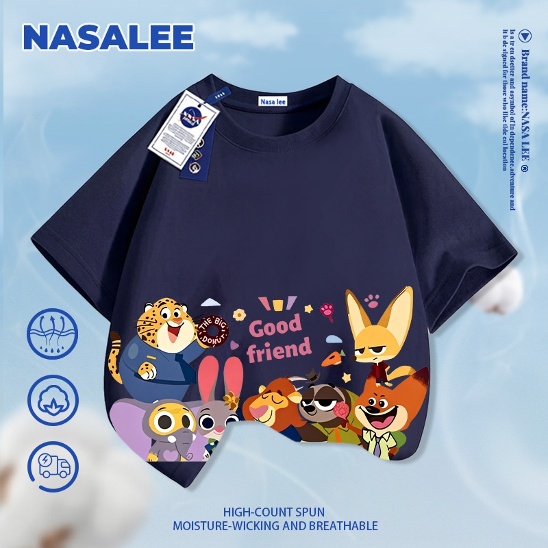 NASA Trẻ Em Xanh Đậm Thường Ngày Tay Ngắn Mùa Hè 2026 Crazy Zoo In Hình Bé Trai Bé Gái Thoải Mái Thoáng Khí Nguyên Chất Áo Thun Cotton