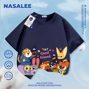 NASA Trẻ Em Xanh Đậm Thường Ngày Tay Ngắn Mùa Hè 2026 Crazy Zoo In Hình Bé Trai Bé Gái Thoải Mái Thoáng Khí Nguyên Chất Áo Thun Cotton