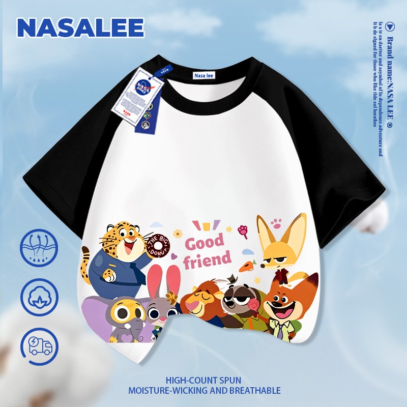 NASA Trẻ Em Xanh Đậm Thường Ngày Tay Ngắn Mùa Hè 2026 Crazy Zoo In Hình Bé Trai Bé Gái Thoải Mái Thoáng Khí Nguyên Chất Áo Thun Cotton