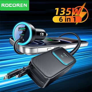 Bộ sạc xe hơi Rocoren 135W 6 trong 1 USB C PD Sạc nhanh Bộ sạc điện thoại ô tô có thể thu vào Cale