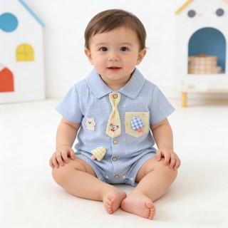 Cotton Mềm Mại Cho Bé Áo Liền Quần Ngắn Họa Tiết Gingham Gấu Thêu Dây Thiết Kế Quần Áo Tập Đi Size 66 / 73 / 80 / 90