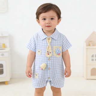 Cotton Mềm Mại Cho Bé Áo Liền Quần Ngắn Họa Tiết Gingham Gấu Thêu Dây Thiết Kế Quần Áo Tập Đi Size 66 / 73 / 80 / 90