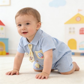 Cotton Mềm Mại Cho Bé Áo Liền Quần Ngắn Họa Tiết Gingham Gấu Thêu Dây Thiết Kế Quần Áo Tập Đi Size 66 / 73 / 80 / 90