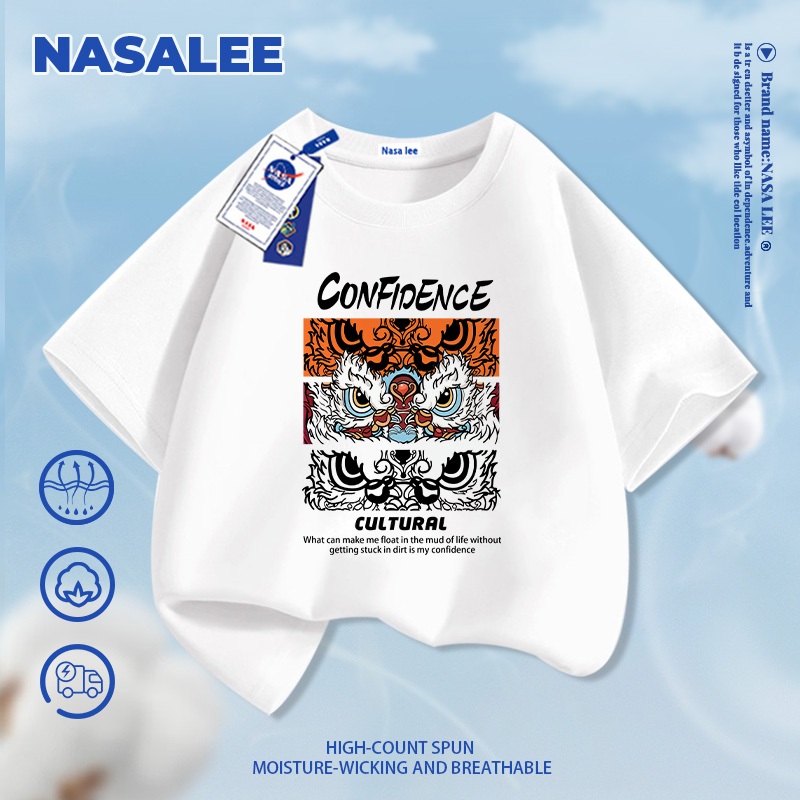 [Giao hàng trong ngày] Thương hiệu nổi tiếng của NASA Áo thun ngắn tay màu xanh đậm Cotton nguyên chất thoáng khí thoải mái Quần áo bé trai bé gái họa tiết sư tử H