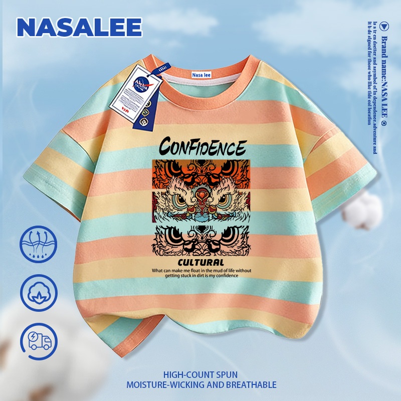 [Giao hàng trong ngày] Thương hiệu nổi tiếng của NASA Áo thun ngắn tay màu xanh đậm Cotton nguyên chất thoáng khí thoải mái Quần áo bé trai bé gái họa tiết sư tử H