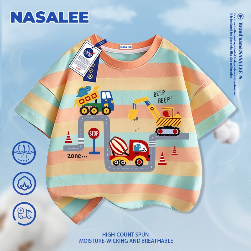 [Giao hàng trong ngày] Áo thun ngắn tay màu trắng dành cho trẻ em NASA Cotton nguyên chất thoáng khí thoải mái cho bé trai bé gái Quần áo đào hoa văn máy Hal