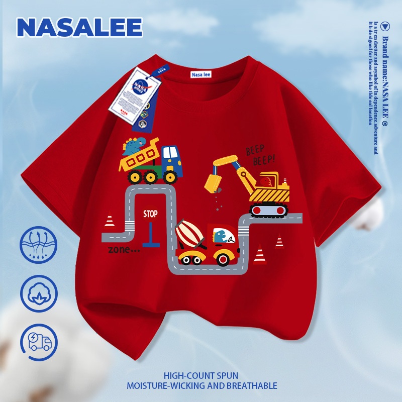 [Giao hàng trong ngày] Áo thun ngắn tay màu trắng dành cho trẻ em NASA Cotton nguyên chất thoáng khí thoải mái cho bé trai bé gái Quần áo đào hoa văn máy Hal