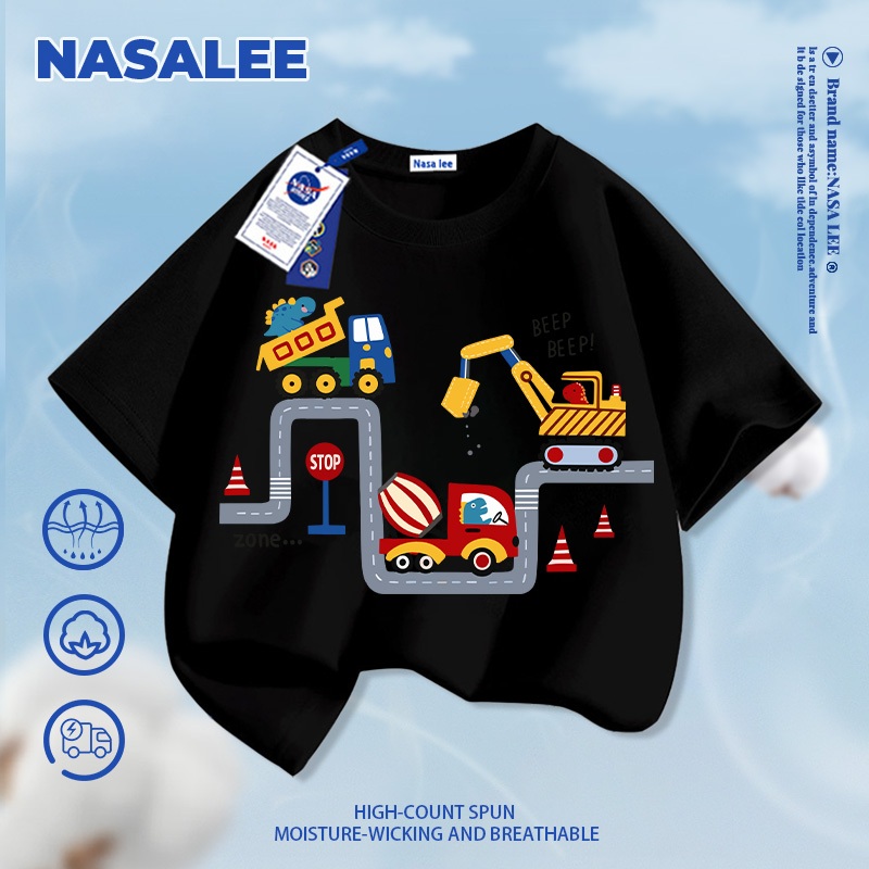 [Giao hàng trong ngày] Áo thun ngắn tay màu trắng dành cho trẻ em NASA Cotton nguyên chất thoáng khí thoải mái cho bé trai bé gái Quần áo đào hoa văn máy Hal