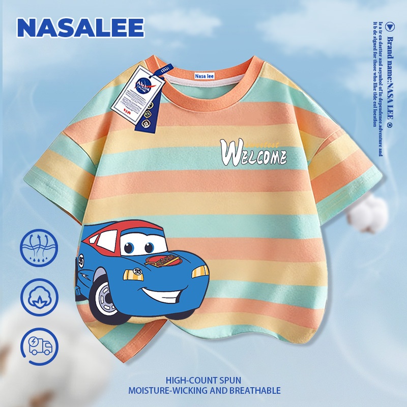 [Giao hàng trong ngày] Áo thun Cotton nguyên chất màu xanh đậm cho trẻ em NASA Áo thun thoáng khí không khí họa tiết ô tô 3-16 tuổi dáng rộng Áo sơ mi ngắn tay thông thường