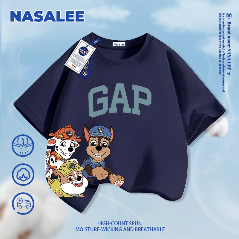[Giao hàng trong ngày] Áo thun Cotton nguyên chất màu xanh đậm cho trẻ em NASA Áo thun thoáng khí Bầu không khí cho chó con Paws in hình 3-16 tuổi Áo sơ mi ngắn tay dáng rộng thông thường