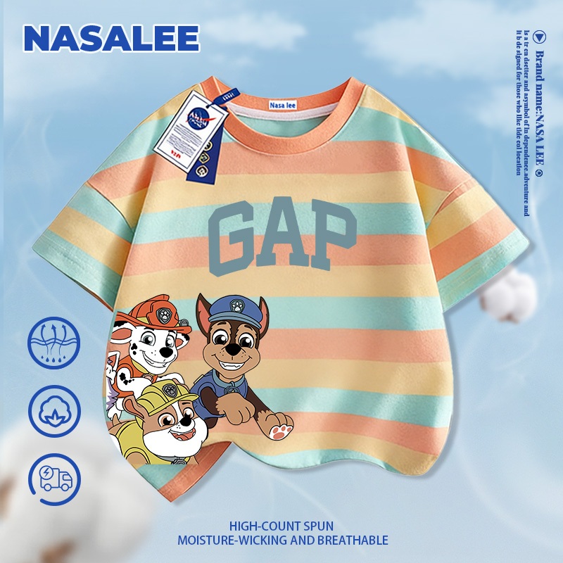 [Giao hàng trong ngày] Áo thun Cotton nguyên chất màu xanh đậm cho trẻ em NASA Áo thun thoáng khí Bầu không khí cho chó con Paws in hình 3-16 tuổi Áo sơ mi ngắn tay dáng rộng thông thường