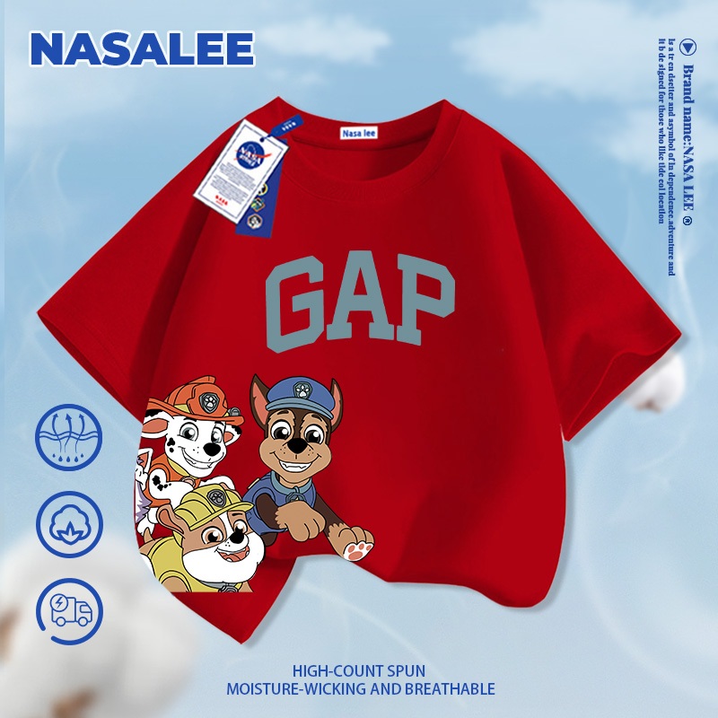 [Giao hàng trong ngày] Áo thun Cotton nguyên chất màu xanh đậm cho trẻ em NASA Áo thun thoáng khí Bầu không khí cho chó con Paws in hình 3-16 tuổi Áo sơ mi ngắn tay dáng rộng thông thường
