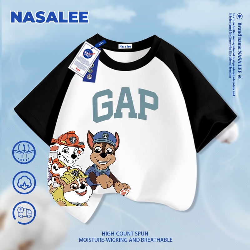 [Giao hàng trong ngày] Áo thun Cotton nguyên chất màu xanh đậm cho trẻ em NASA Áo thun thoáng khí Bầu không khí cho chó con Paws in hình 3-16 tuổi Áo sơ mi ngắn tay dáng rộng thông thường