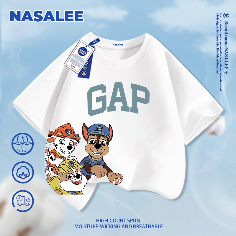 [Giao hàng trong ngày] Áo thun Cotton nguyên chất màu xanh đậm cho trẻ em NASA Áo thun thoáng khí Bầu không khí cho chó con Paws in hình 3-16 tuổi Áo sơ mi ngắn tay dáng rộng thông thường