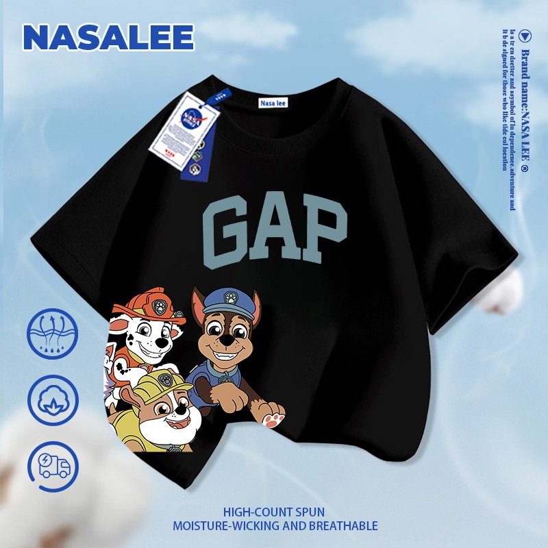 [Giao hàng trong ngày] Áo thun Cotton nguyên chất màu xanh đậm cho trẻ em NASA Áo thun thoáng khí Bầu không khí cho chó con Paws in hình 3-16 tuổi Áo sơ mi ngắn tay dáng rộng thông thường