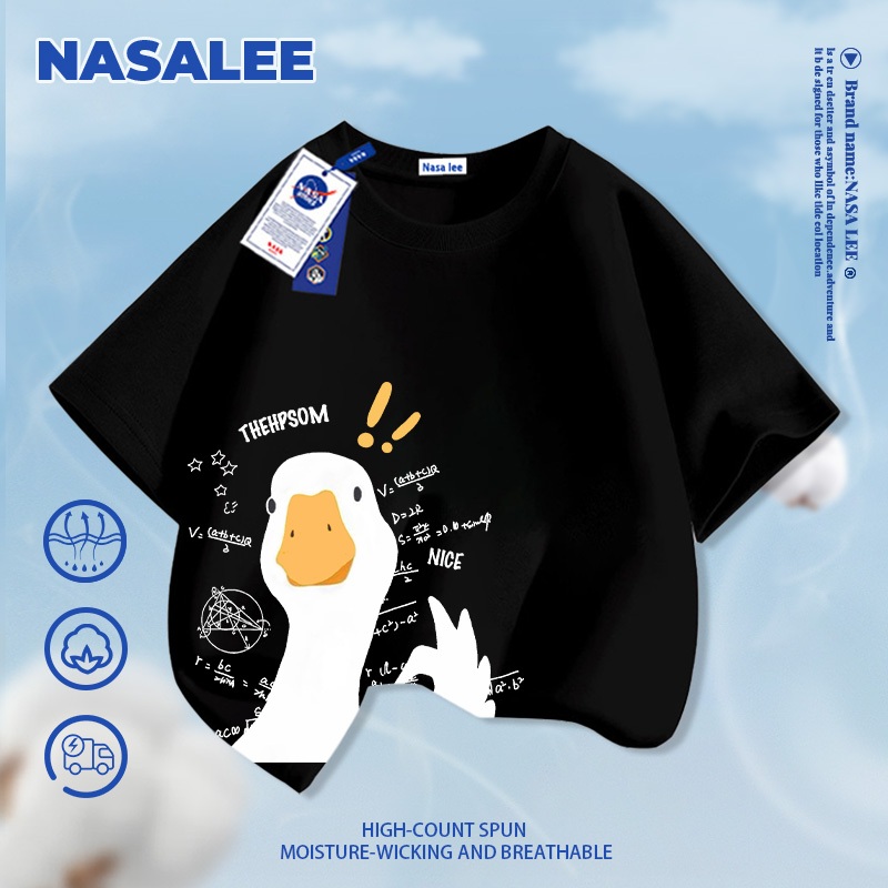 [Giao hàng trong ngày] Áo thun ngắn tay màu trắng dành cho trẻ em NASA Cotton nguyên chất thoáng khí thoải mái Quần áo bé trai bé gái Họa tiết ngỗng dễ thương Hal