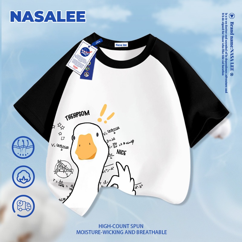 [Giao hàng trong ngày] Áo thun ngắn tay màu trắng dành cho trẻ em NASA Cotton nguyên chất thoáng khí thoải mái Quần áo bé trai bé gái Họa tiết ngỗng dễ thương Hal