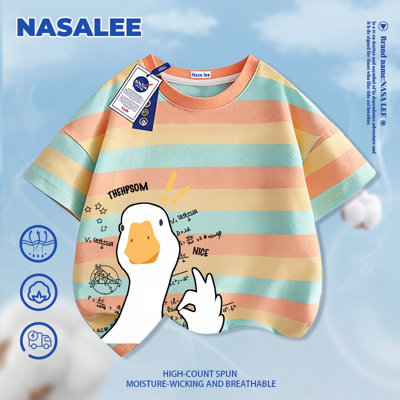 [Giao hàng trong ngày] Áo thun ngắn tay màu trắng dành cho trẻ em NASA Cotton nguyên chất thoáng khí thoải mái Quần áo bé trai bé gái Họa tiết ngỗng dễ thương Hal