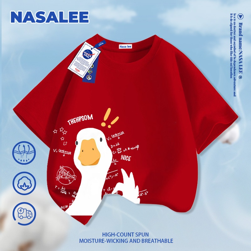 [Giao hàng trong ngày] Áo thun ngắn tay màu trắng dành cho trẻ em NASA Cotton nguyên chất thoáng khí thoải mái Quần áo bé trai bé gái Họa tiết ngỗng dễ thương Hal