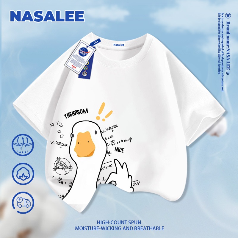 [Giao hàng trong ngày] Áo thun ngắn tay màu trắng dành cho trẻ em NASA Cotton nguyên chất thoáng khí thoải mái Quần áo bé trai bé gái Họa tiết ngỗng dễ thương Hal
